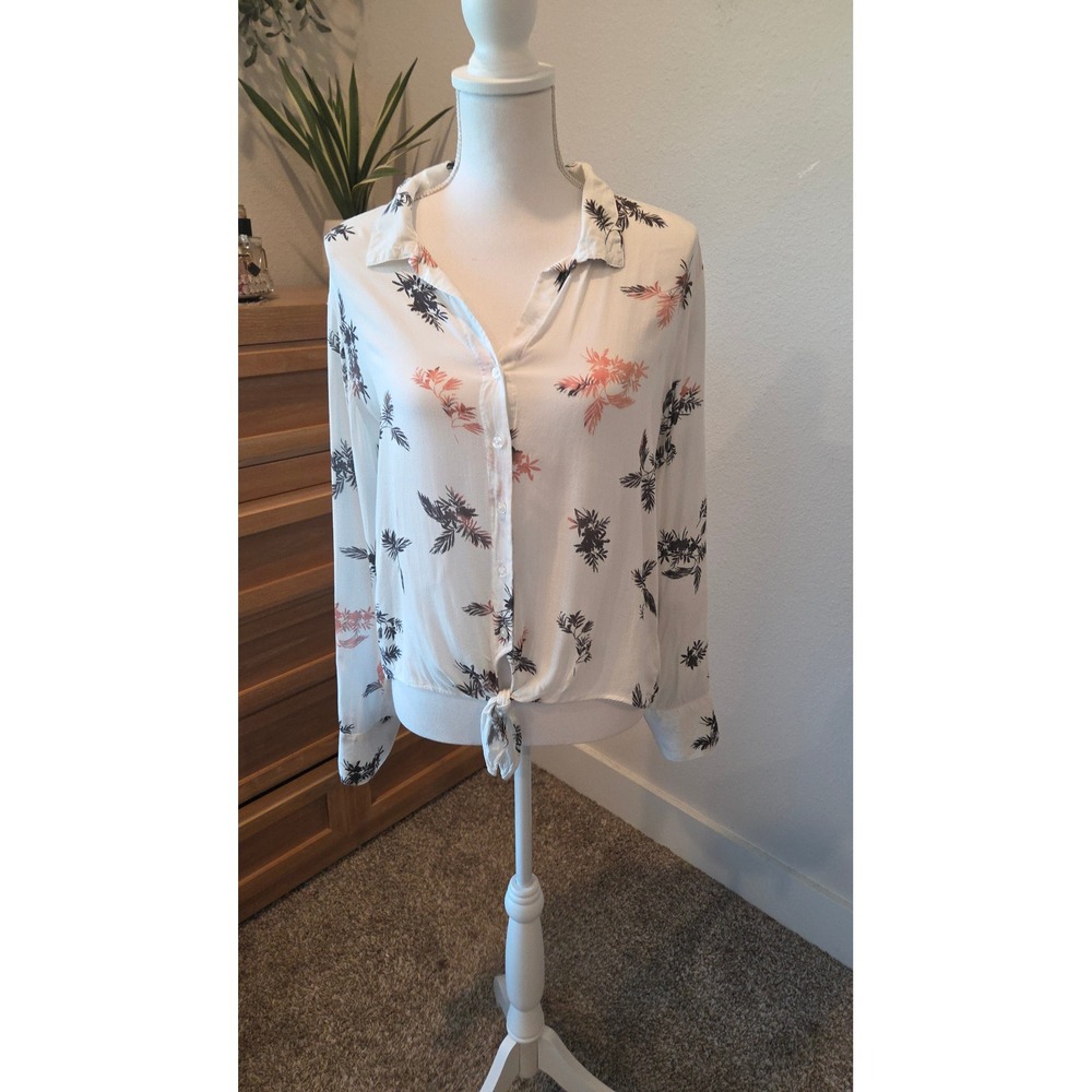 Cloth & Stone Palm Print Tie Front Button Down Shirt White Tropical Boho Small